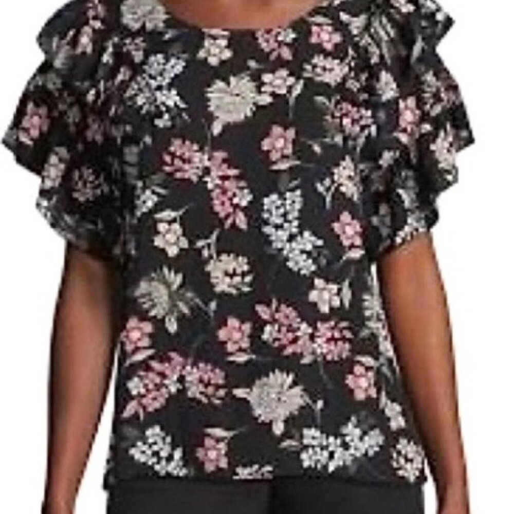 Libby Edelman Floral Blouse‎ size XL Black Pink White Floral Ruffle Sleeve